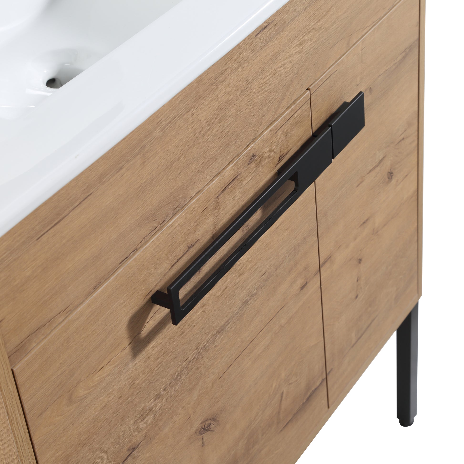Modern oakeffect vanity cabinet with sleek black handles perfect for contemporary bathrooms