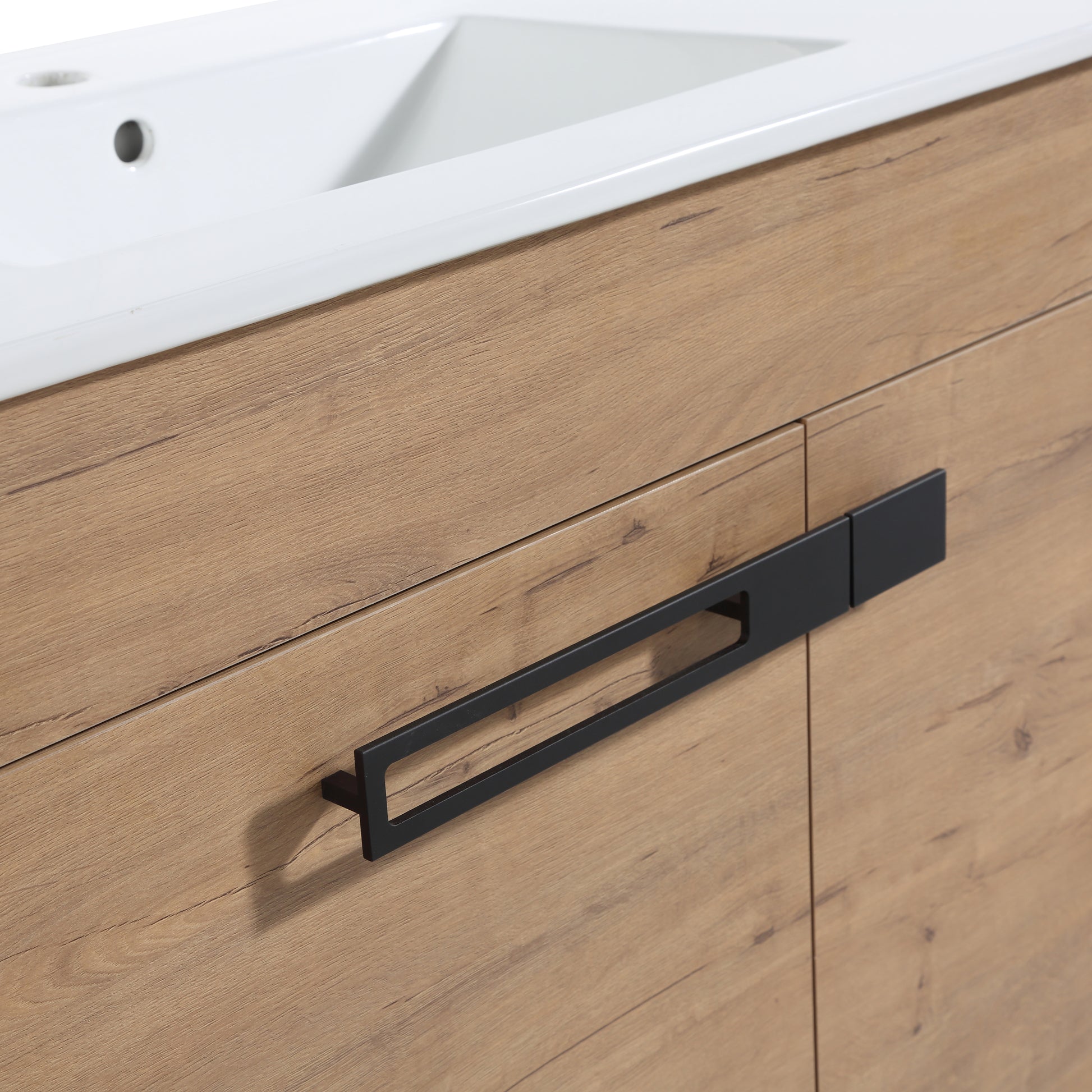 Modern wood grain vanity cabinet with black modern handle bathroom furniture