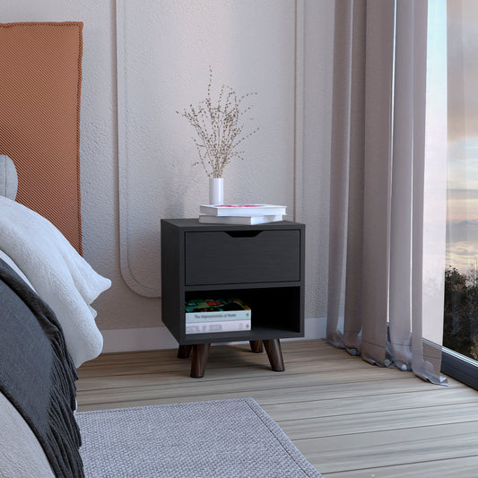 Dark gray modern nightstand with one drawer and open shelf featuring tapered legs