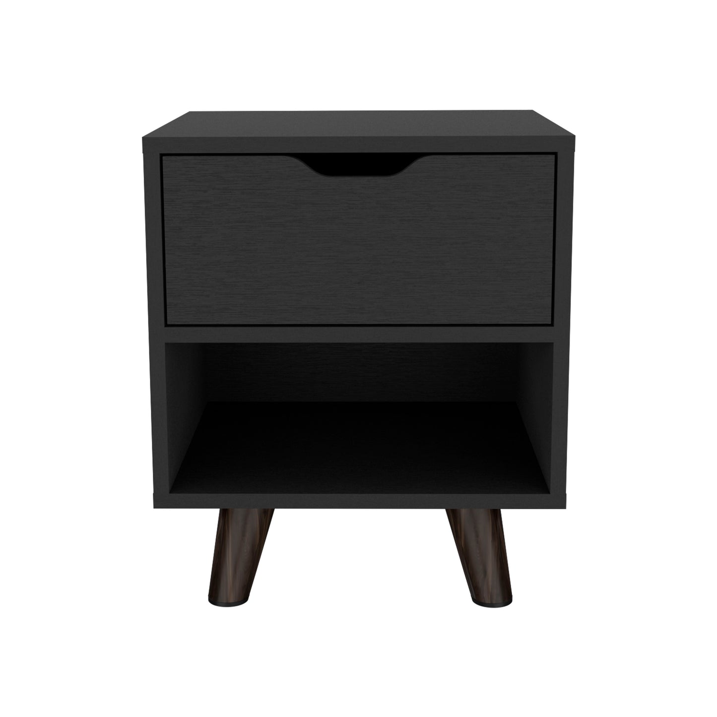 Black modern nightstand with drawer and open shelf angled wooden legs