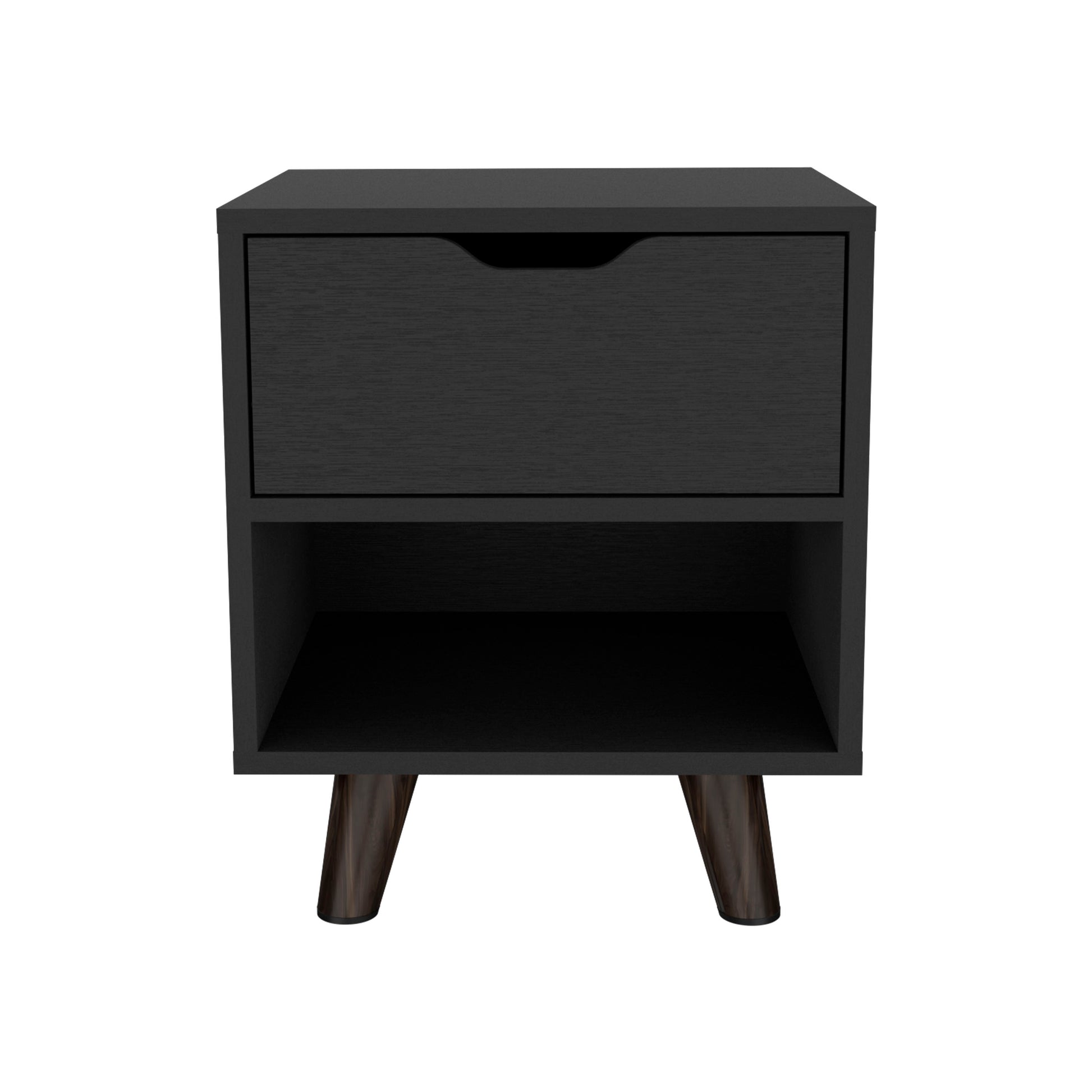 Black modern nightstand with drawer and open shelf angled wooden legs