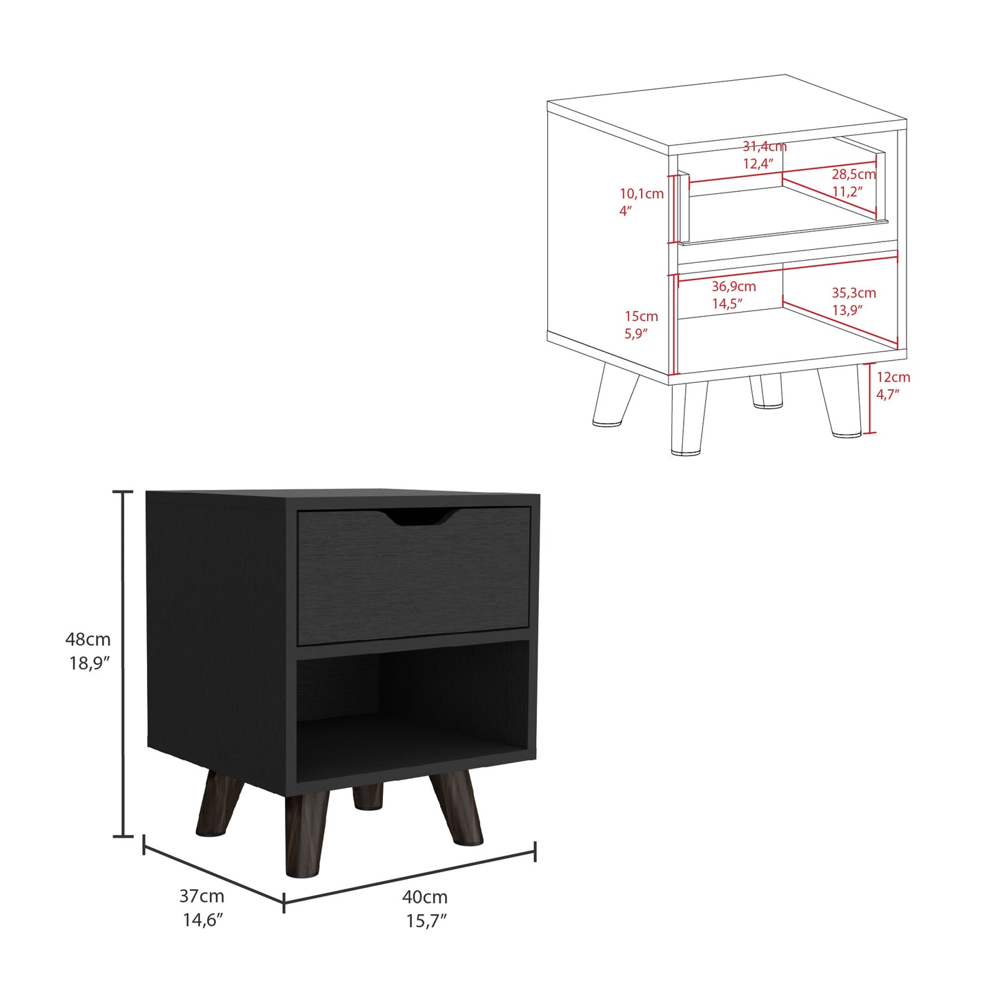 Black bedside table with one drawer and open shelf modern design with angled legs