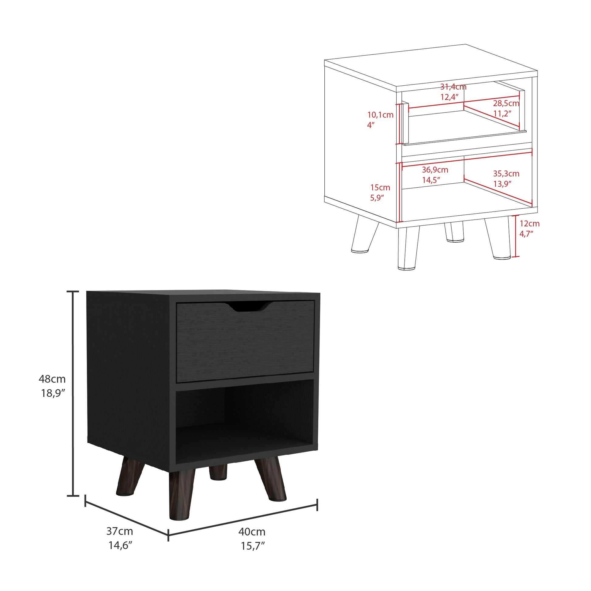 Black bedside table with one drawer and open shelf modern design with angled legs