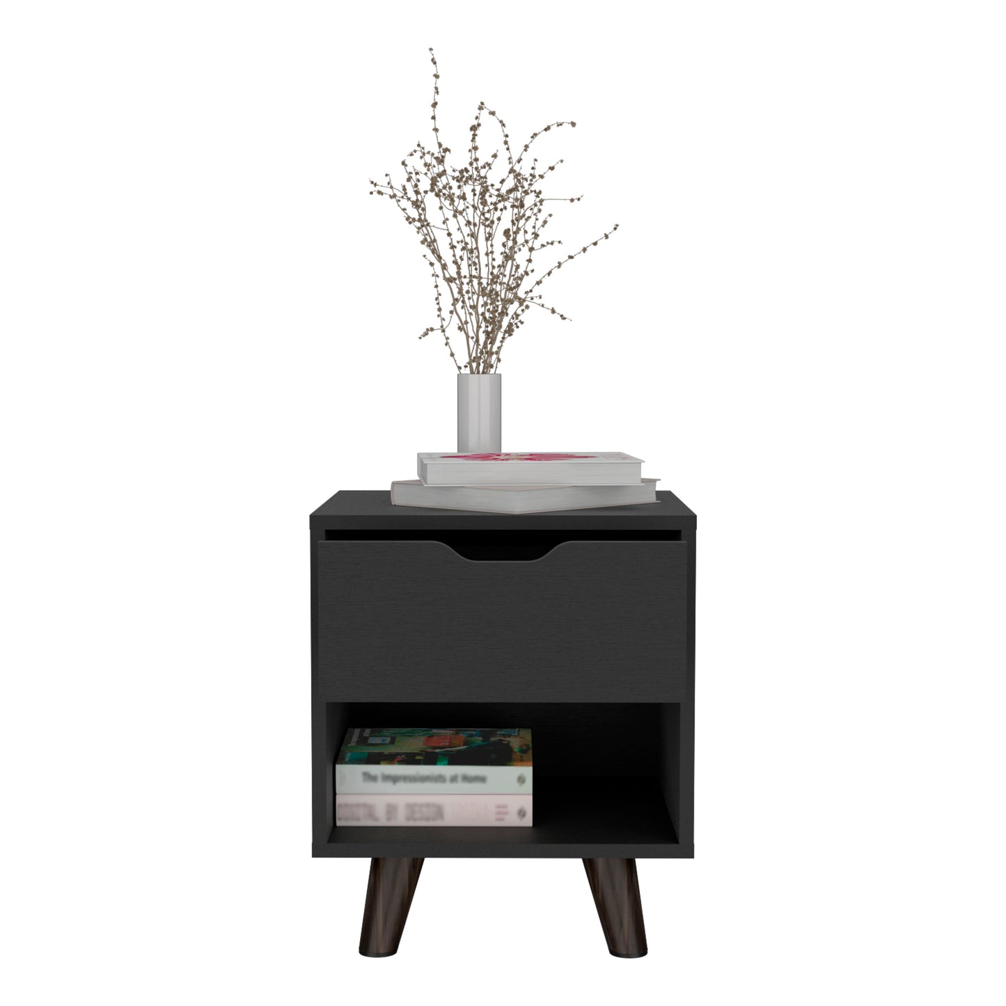 Modern black nightstand with one drawer and open shelf tapered wooden legs
