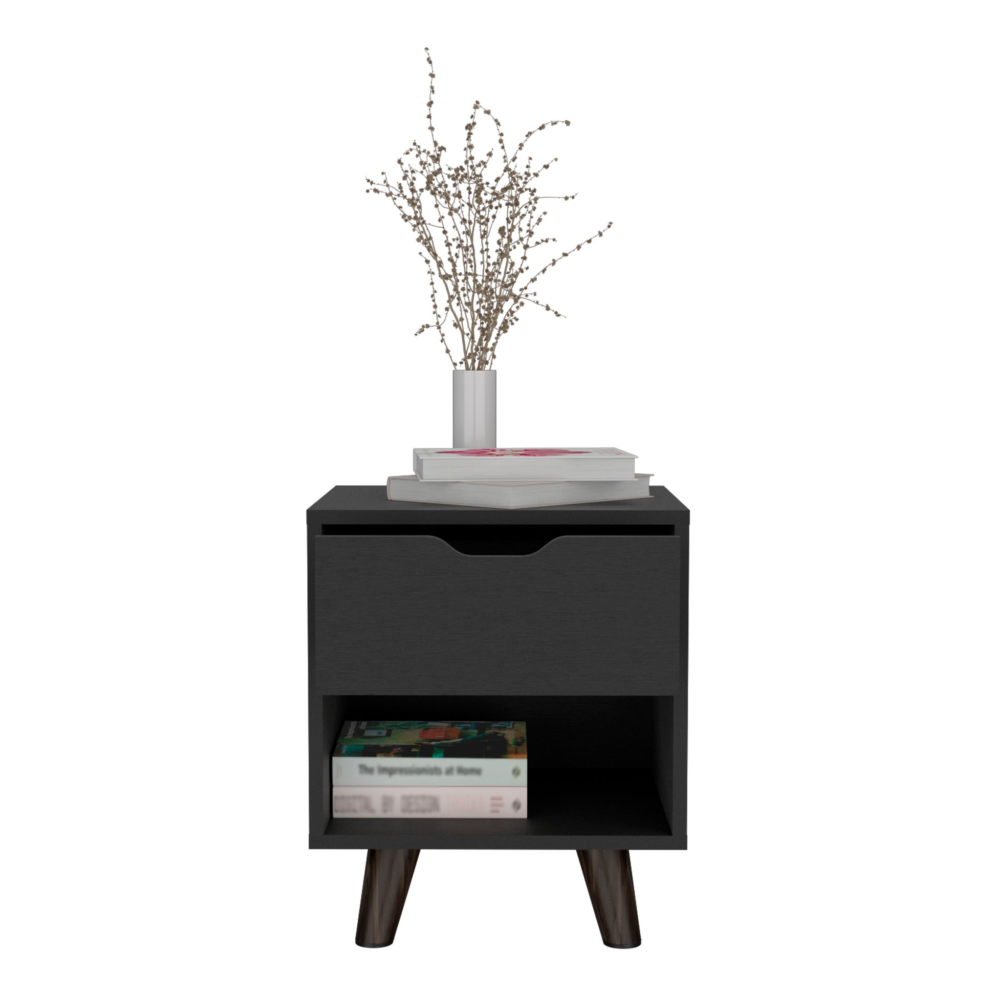 Modern black nightstand with one drawer and open shelf tapered wooden legs