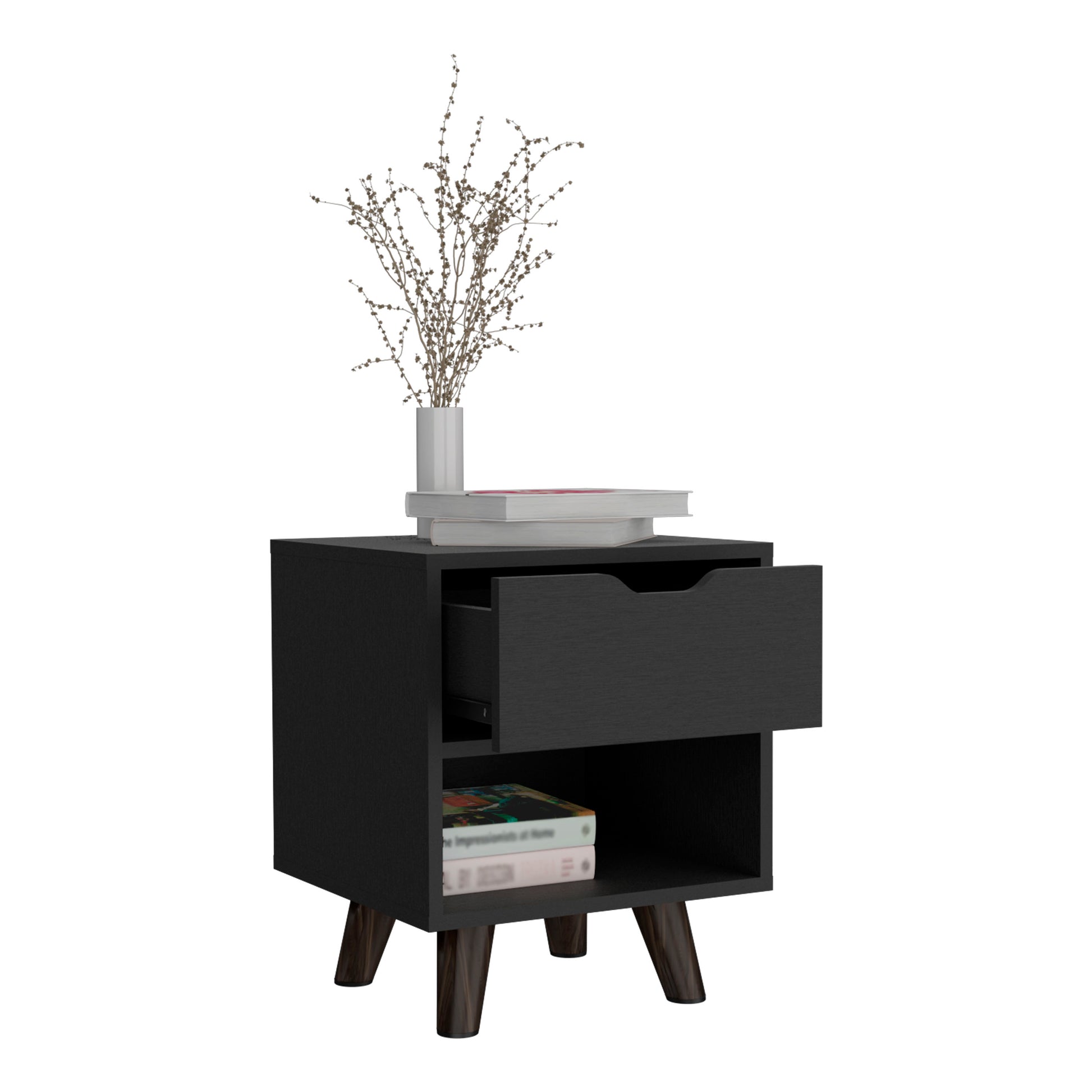 Black wood nightstand with open drawer and open shelf holding decorative items