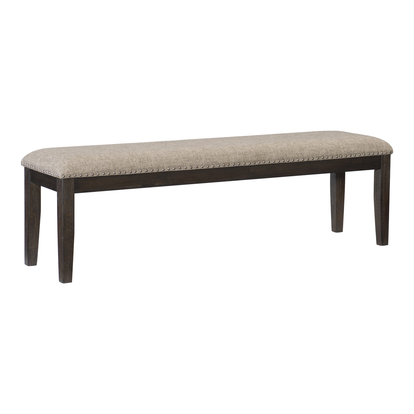 Tufted upholstered dining bench with dark wood legs and nailhead trim