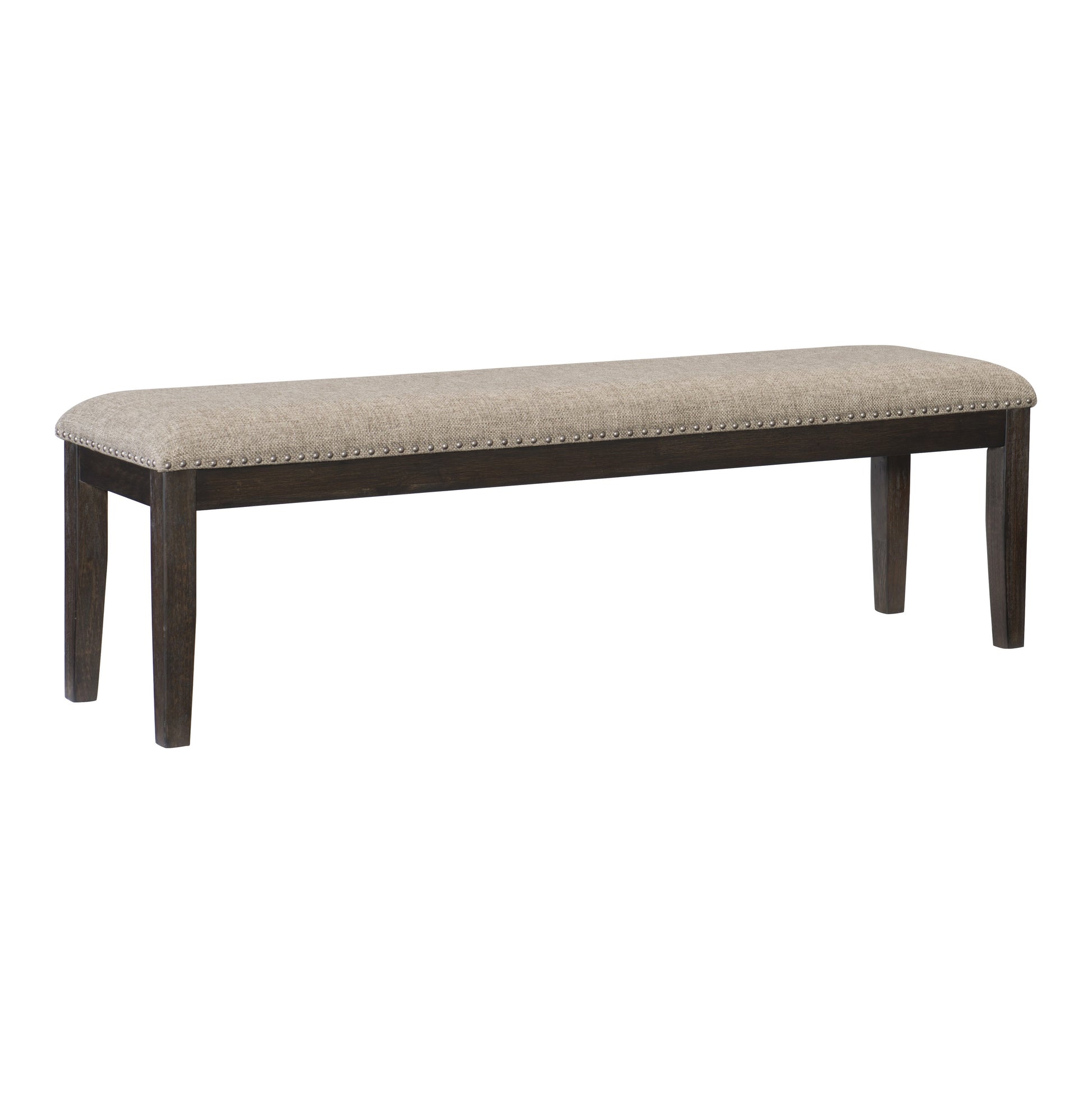 Tufted upholstered dining bench with dark wood legs and nailhead trim