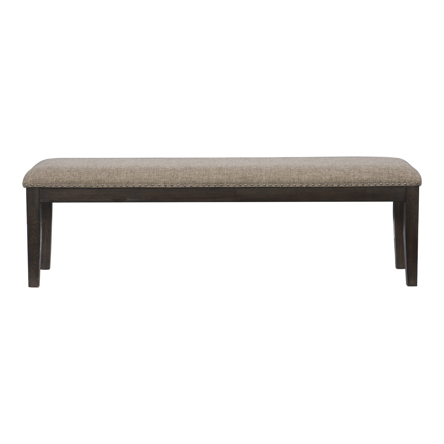 Upholstered dining bench with dark wood legs and nailhead trim