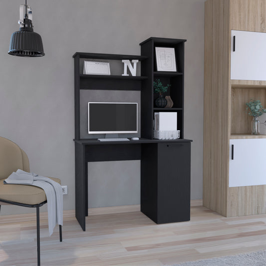 Black computer desk with hutch and integrated shelving for home office setup