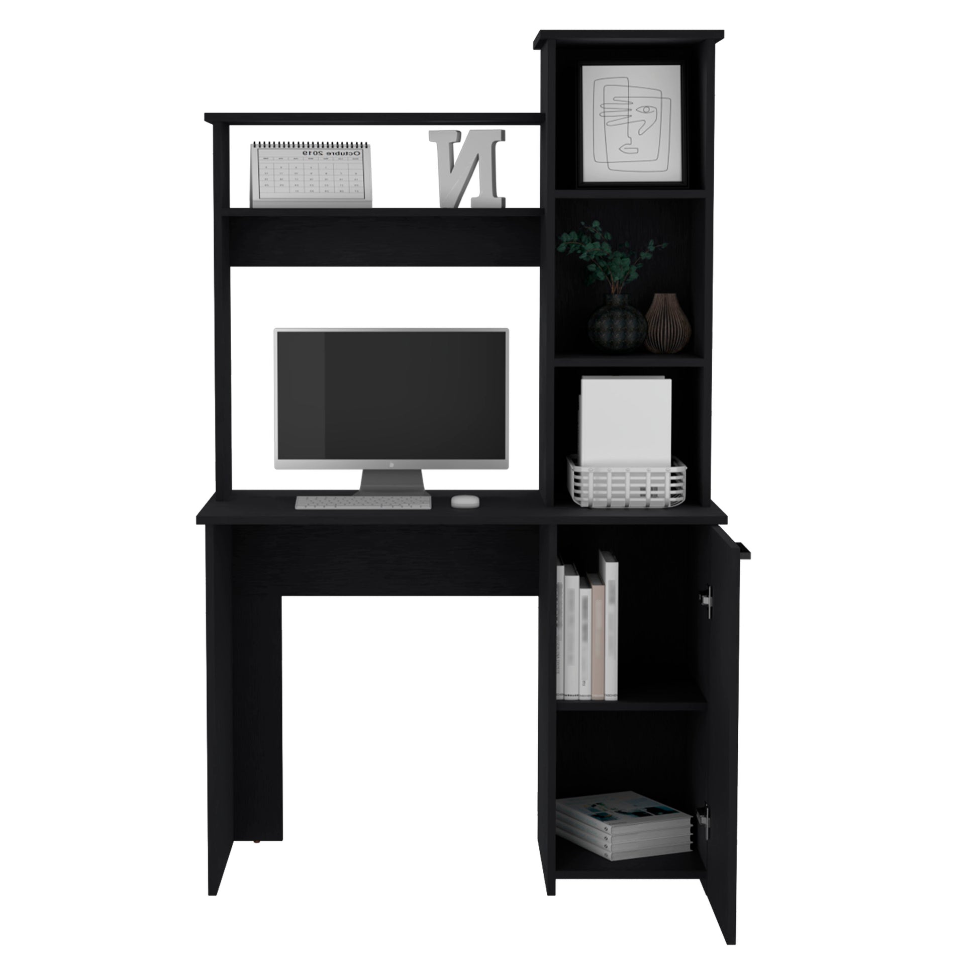 Black modern computer desk with hutch and integrated shelving unit