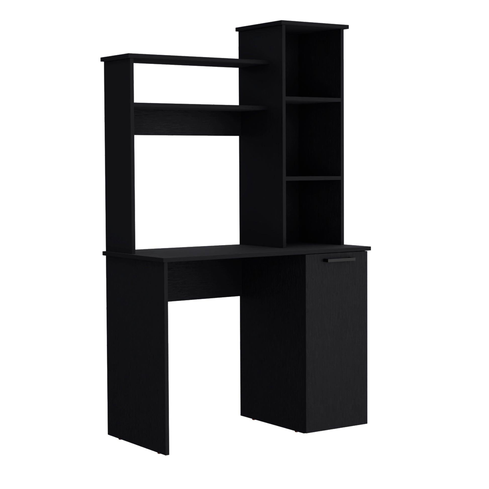 Black modern computer desk with open shelves and a cabinet