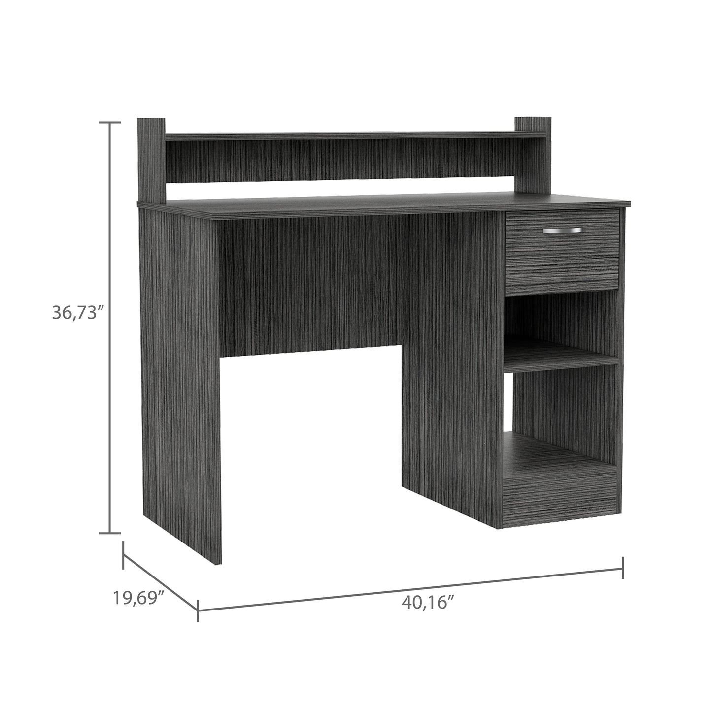 Modern grey wood grain computer desk with open shelves and a single drawer