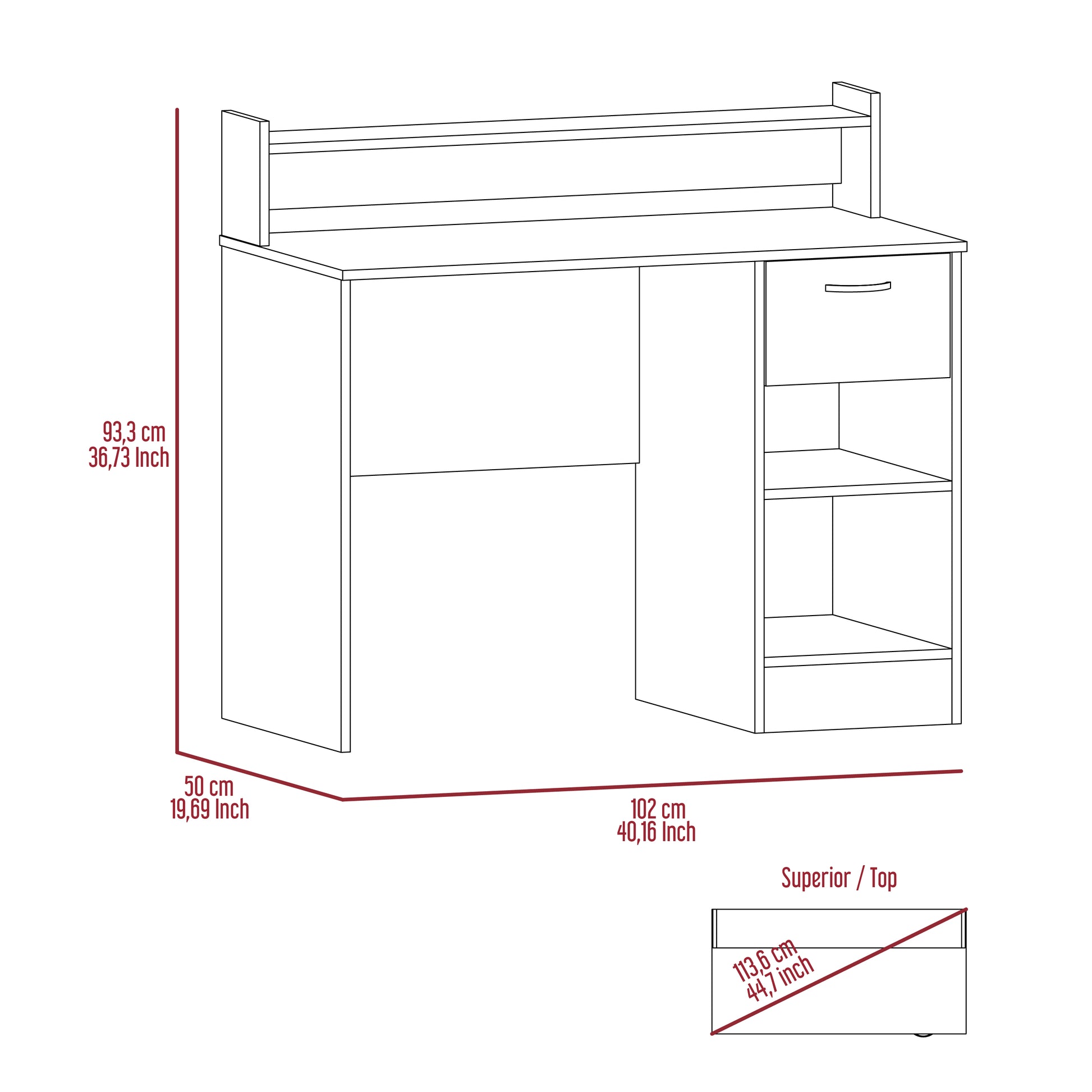 Line drawing of a modern white desk with shelving and a drawer
