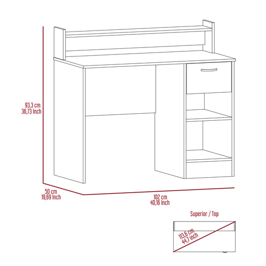 Line drawing of a modern white desk with shelving and a drawer