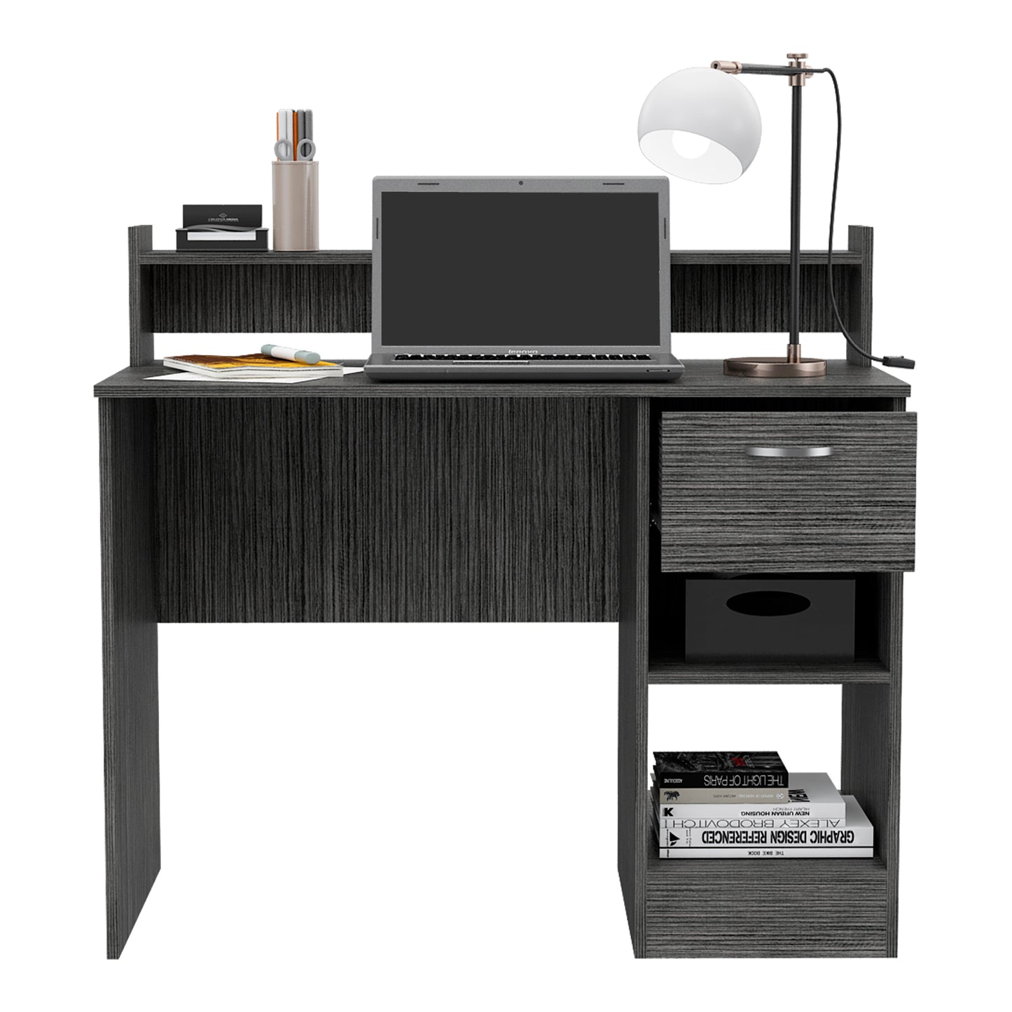 Compact grey wood grain computer desk with laptop and lamp