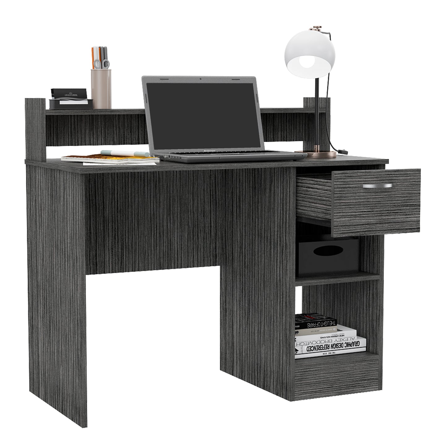 Grey wood grain computer desk with laptop lamp and storage shelves