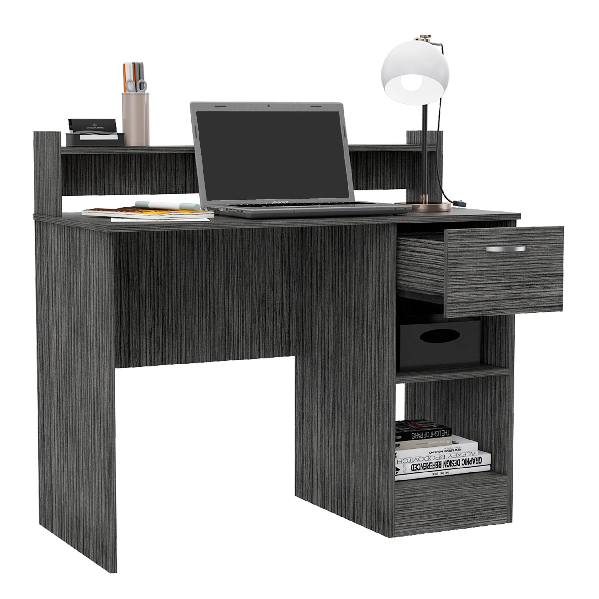 Grey wood grain computer desk with laptop lamp and storage shelves