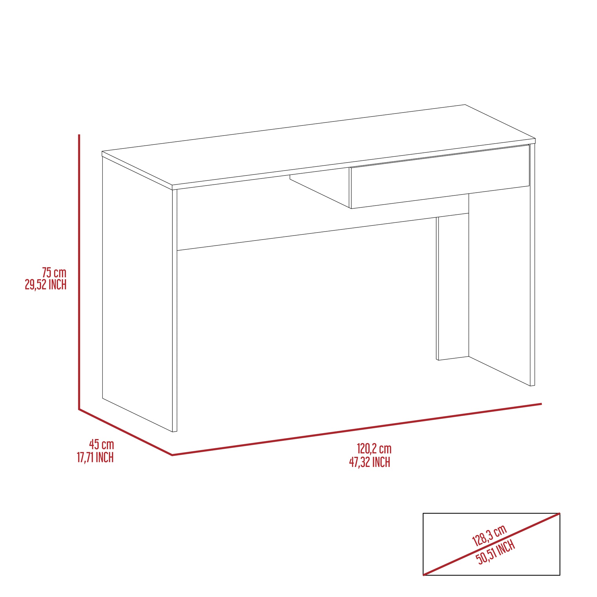 Line drawing of a minimalist desk with one drawer and angled legs