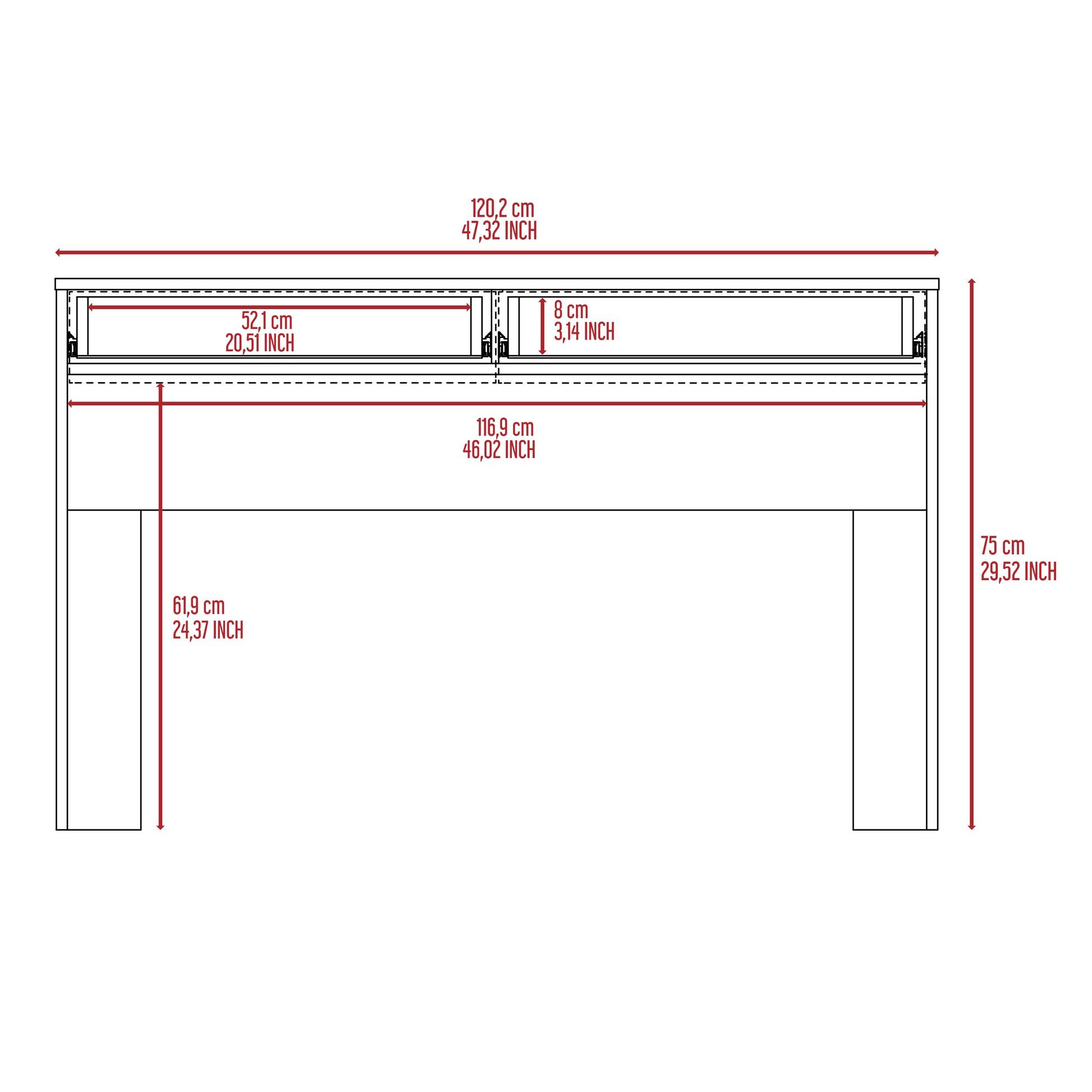 Line drawing of a bedside table with two drawers cm wide showing dimensions