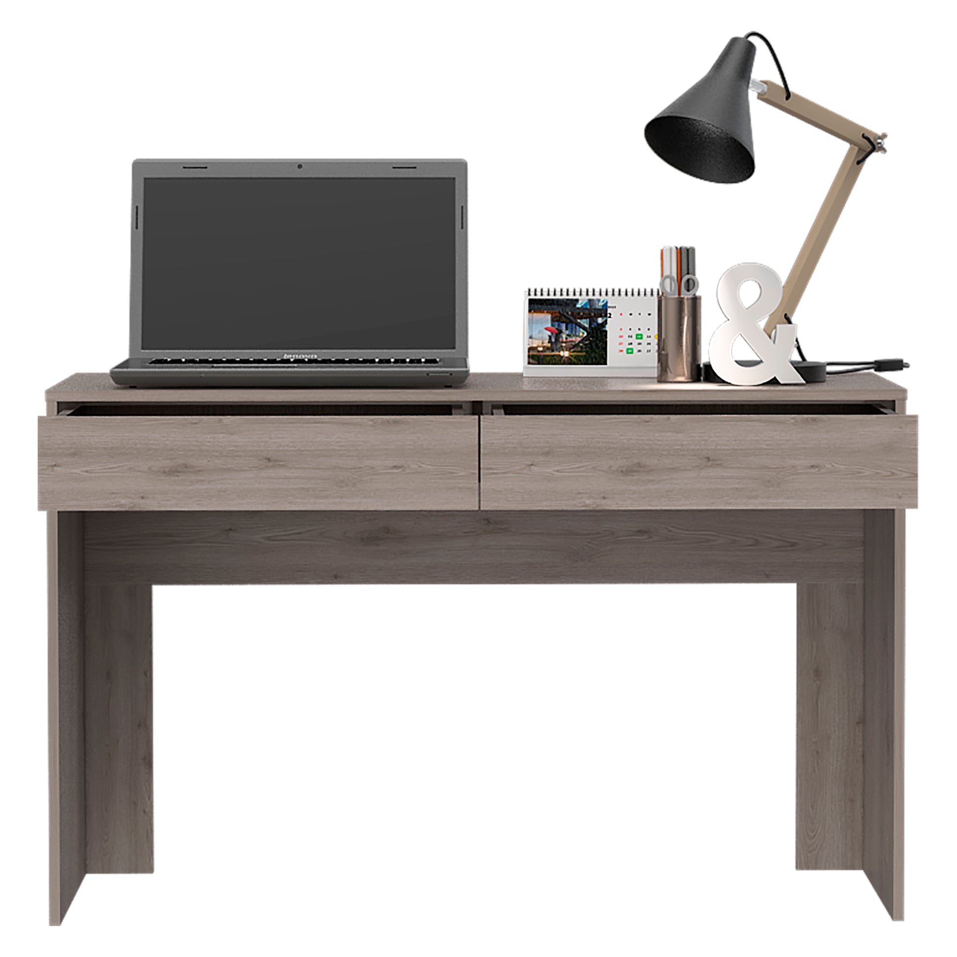 Modern gray wood desk with open drawers laptop and black desk lamp