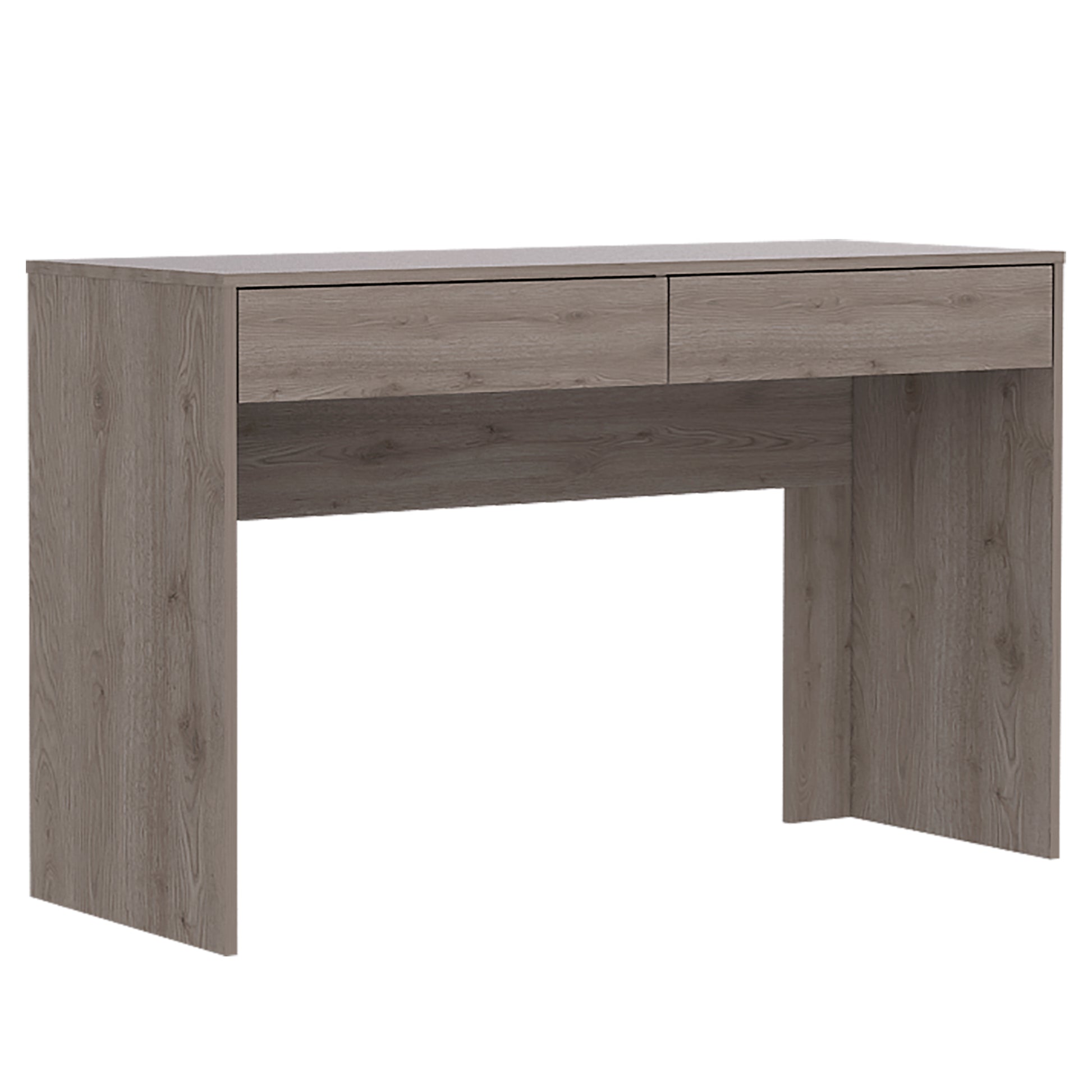 Modern taupe wood grain desk with two drawers and sleek legs for home office use