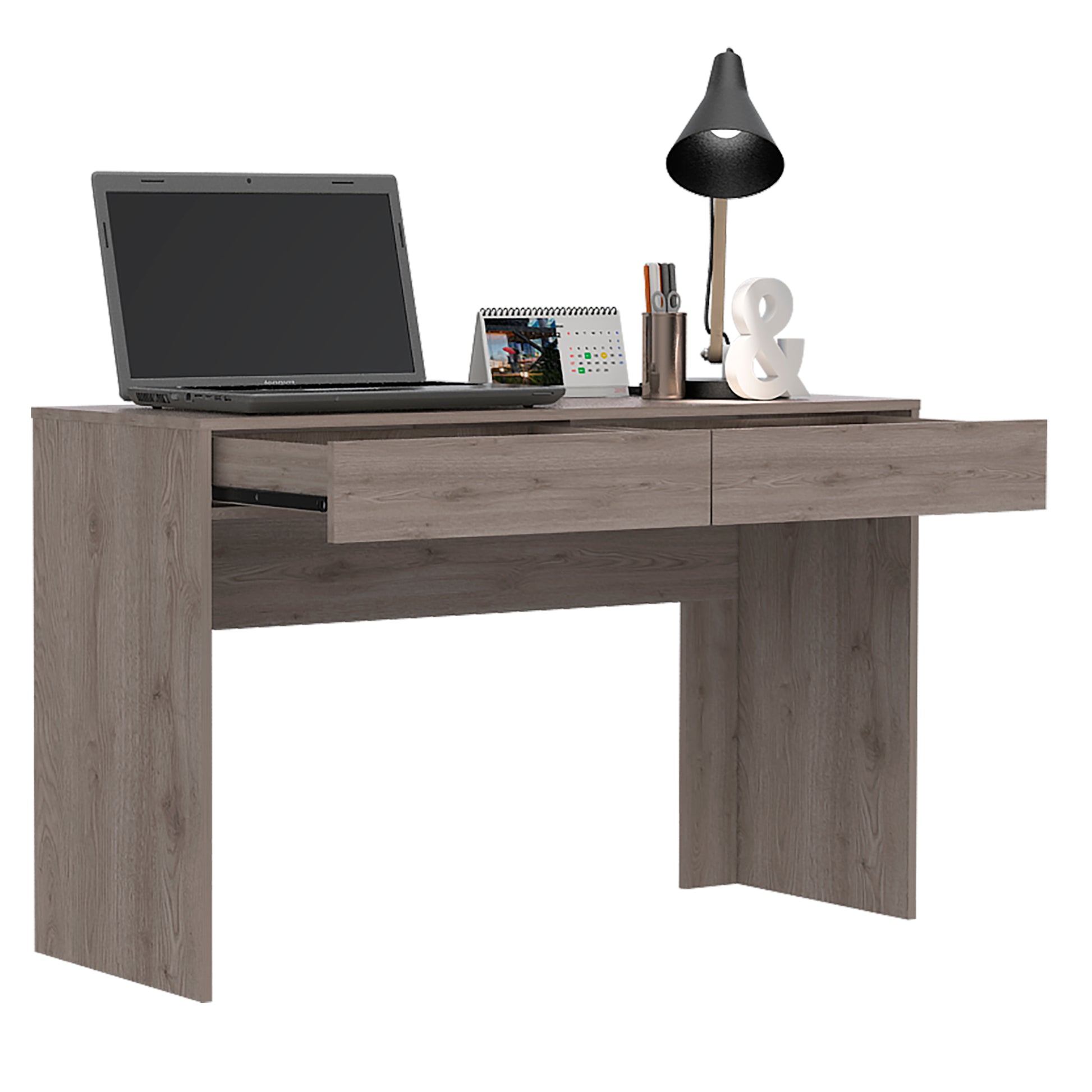 Modern grey wood computer desk with open drawer and laptop for home office