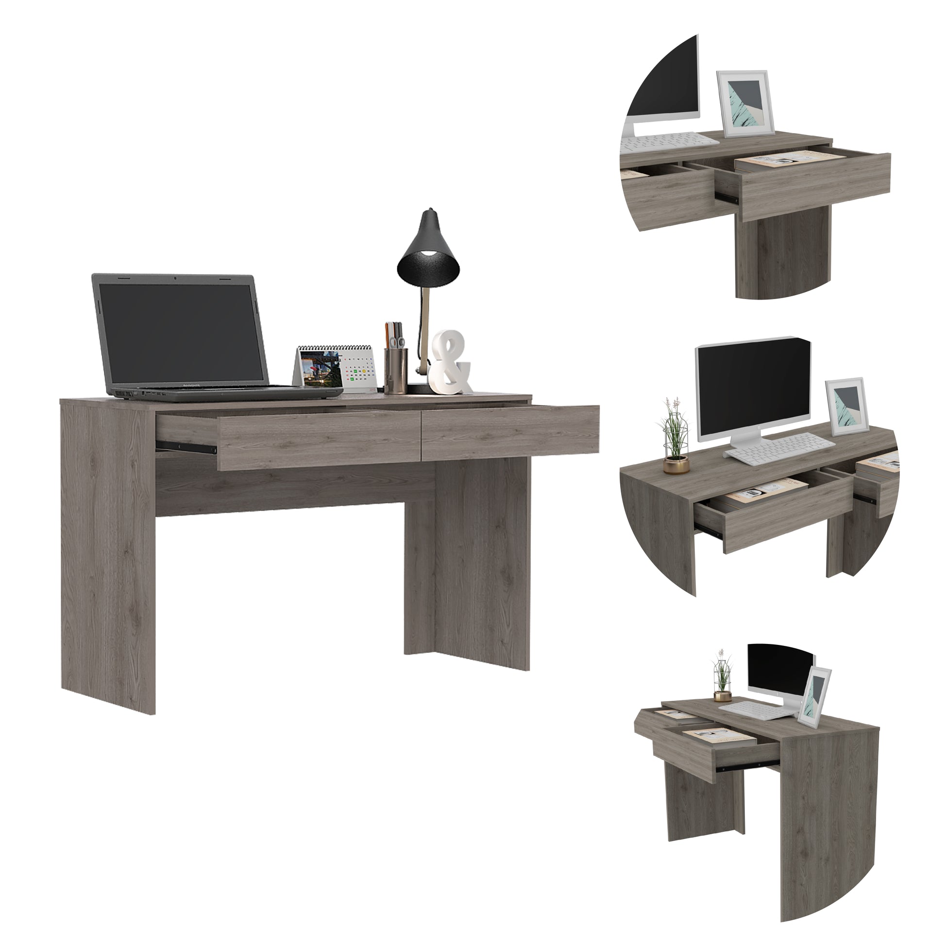 Modern grey wood desk with open drawers and a laptop for home office use