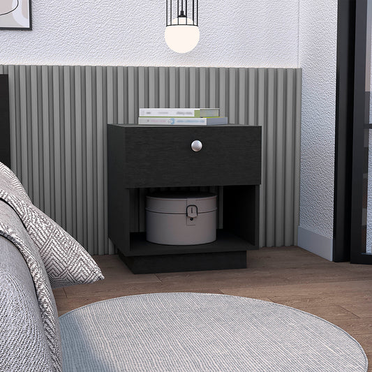 Modern black nightstand with one drawer and open shelf featuring a silver knob