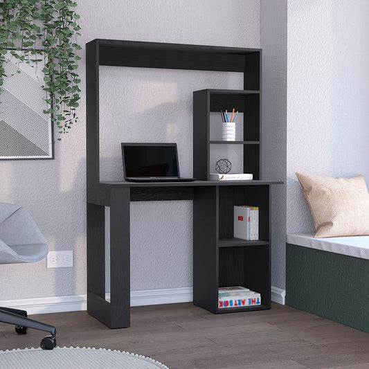 Dark grey modern computer desk with integrated shelving unit and open compartments
