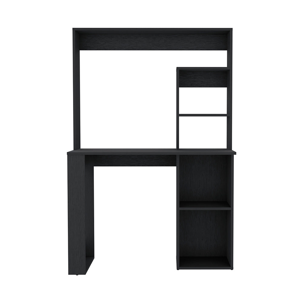 Modern black computer desk with multiple shelves for storage and organization