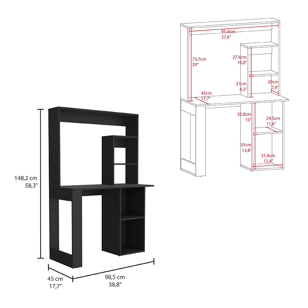 Modern black computer desk with integrated shelving and detailed dimensions for easy assembly