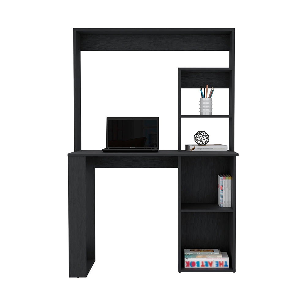 Black laminate computer desk with hutch and integrated shelving