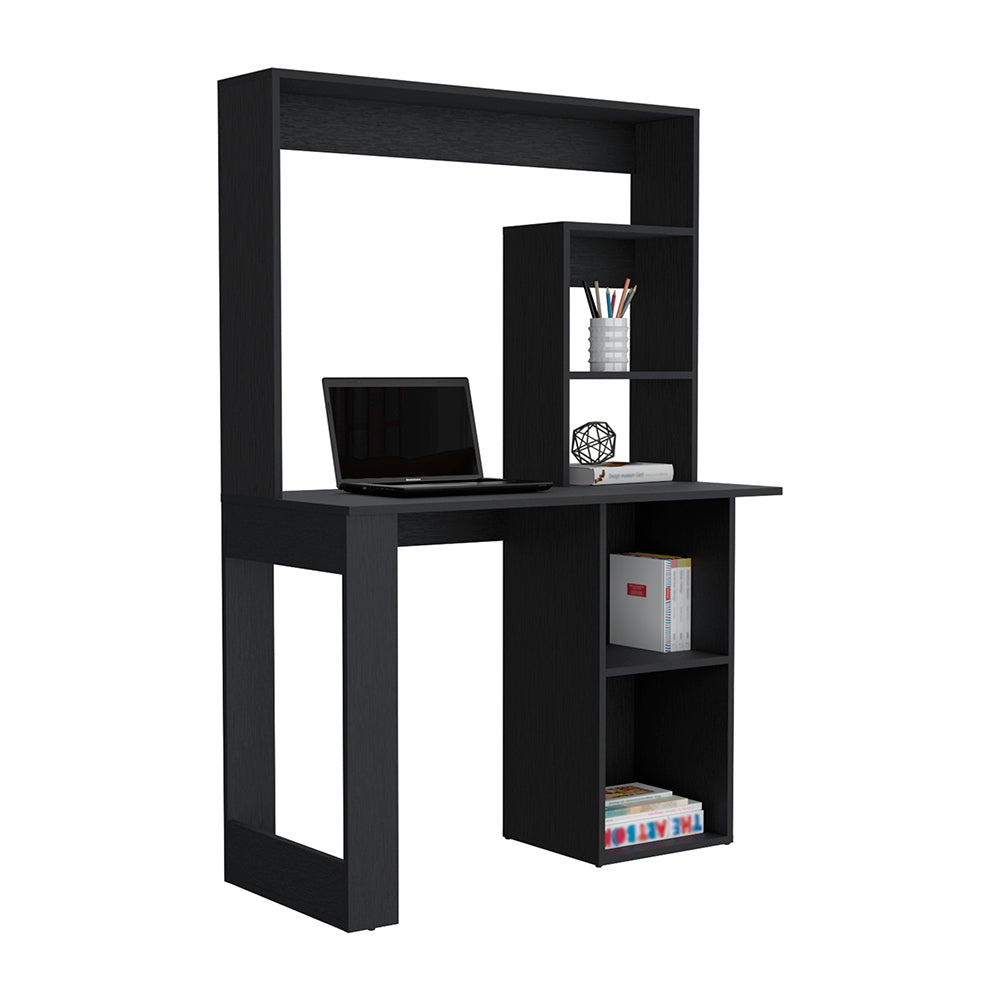 Black wood modern computer desk with hutch and shelving for home office