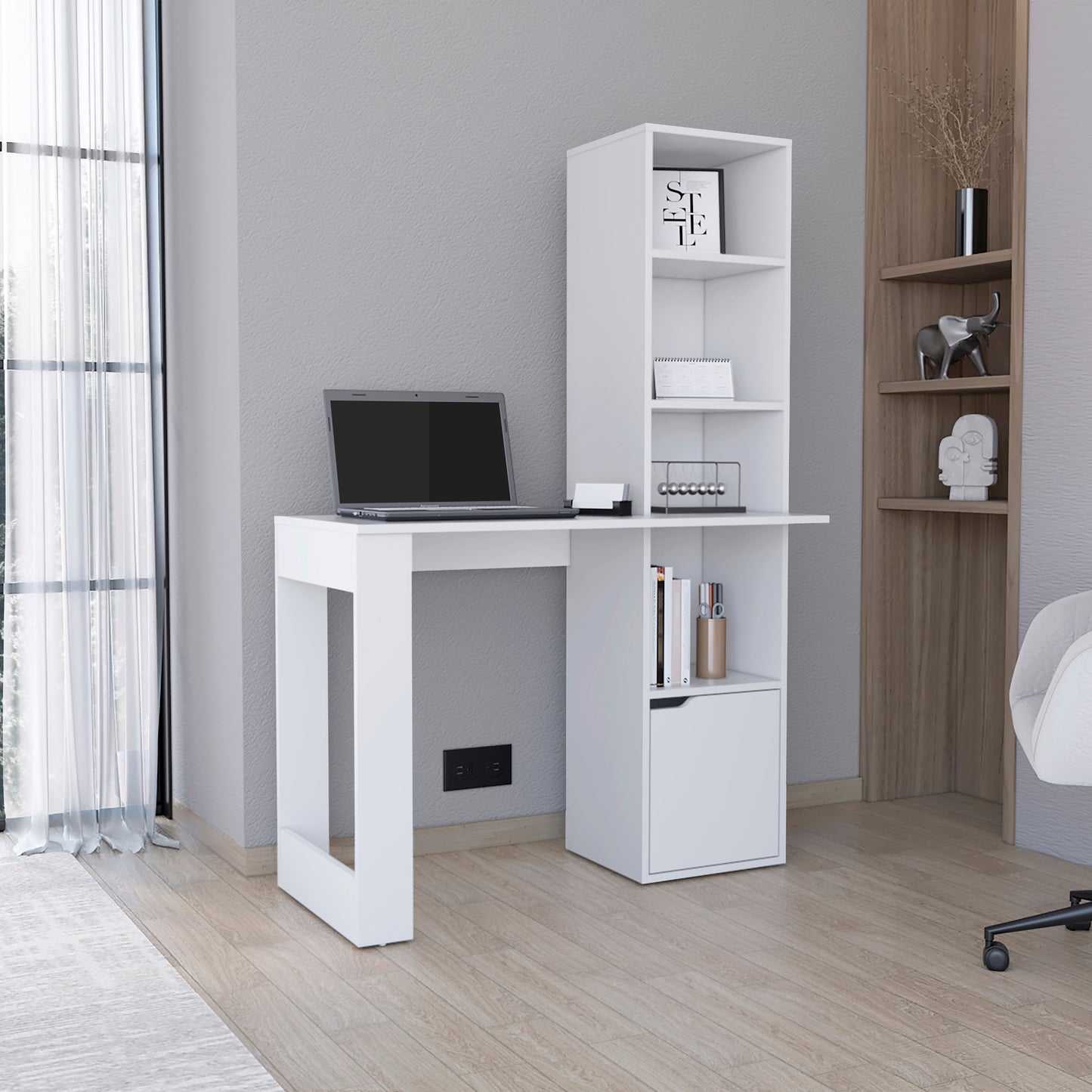 Modern white desk with integrated shelving unit perfect for a home office setup
