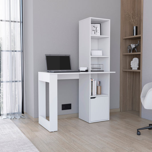 Modern white desk with integrated shelving unit perfect for a home office setup