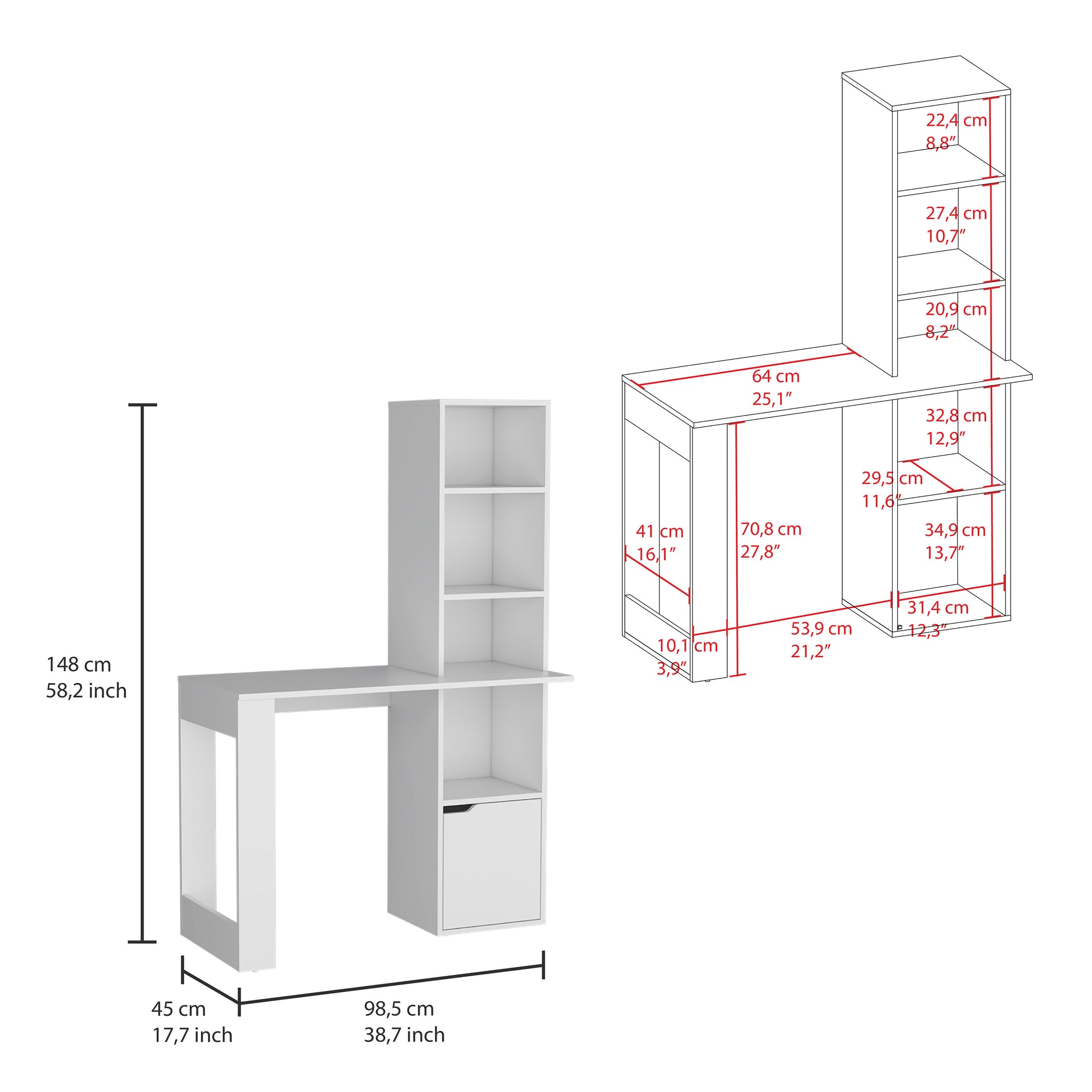 White modern desk with shelves and drawer cm width