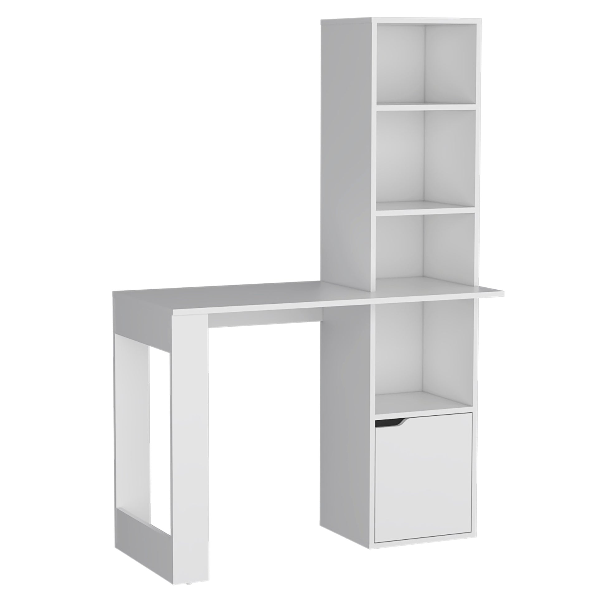 Modern white computer desk with integrated shelving and drawer unit