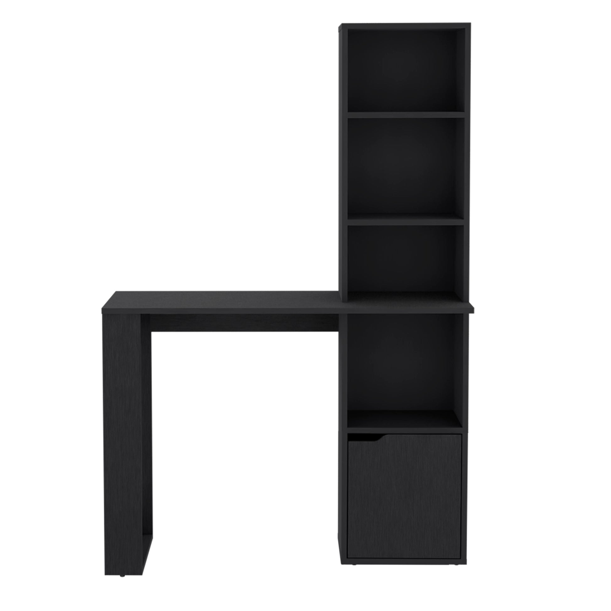 Modern black desk with integrated shelving unit and drawer