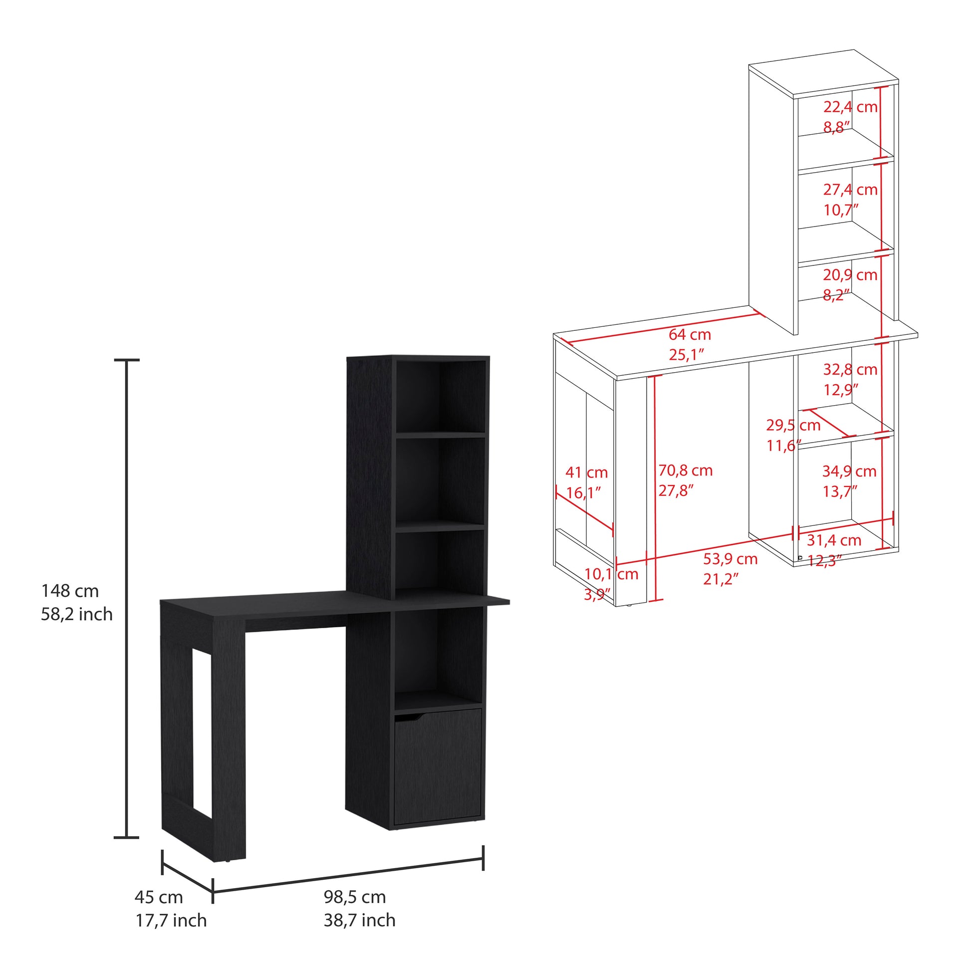 Black modern computer desk with integrated shelving unit and storage drawer