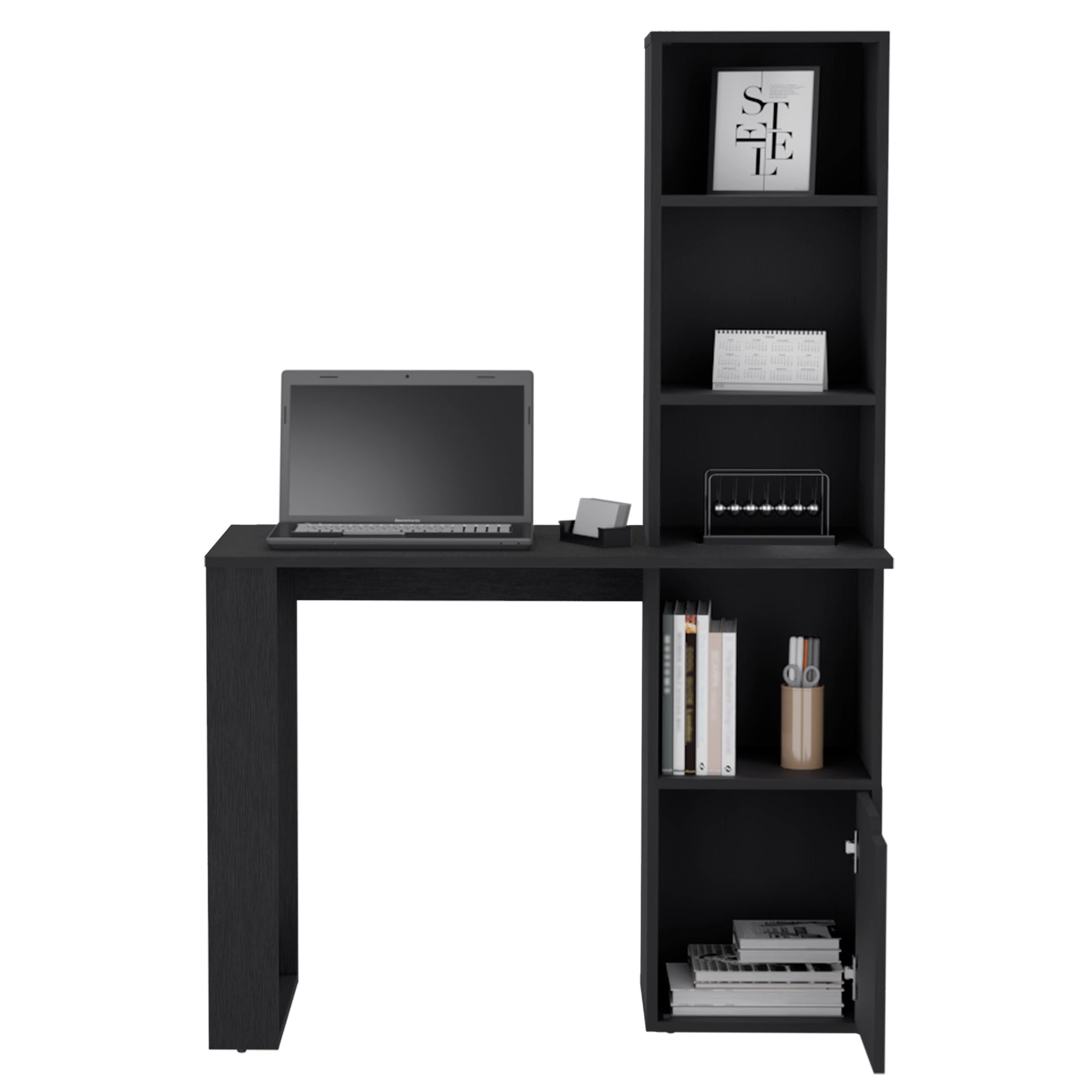 Black wooden desk with an integrated shelving unit featuring a laptop and books
