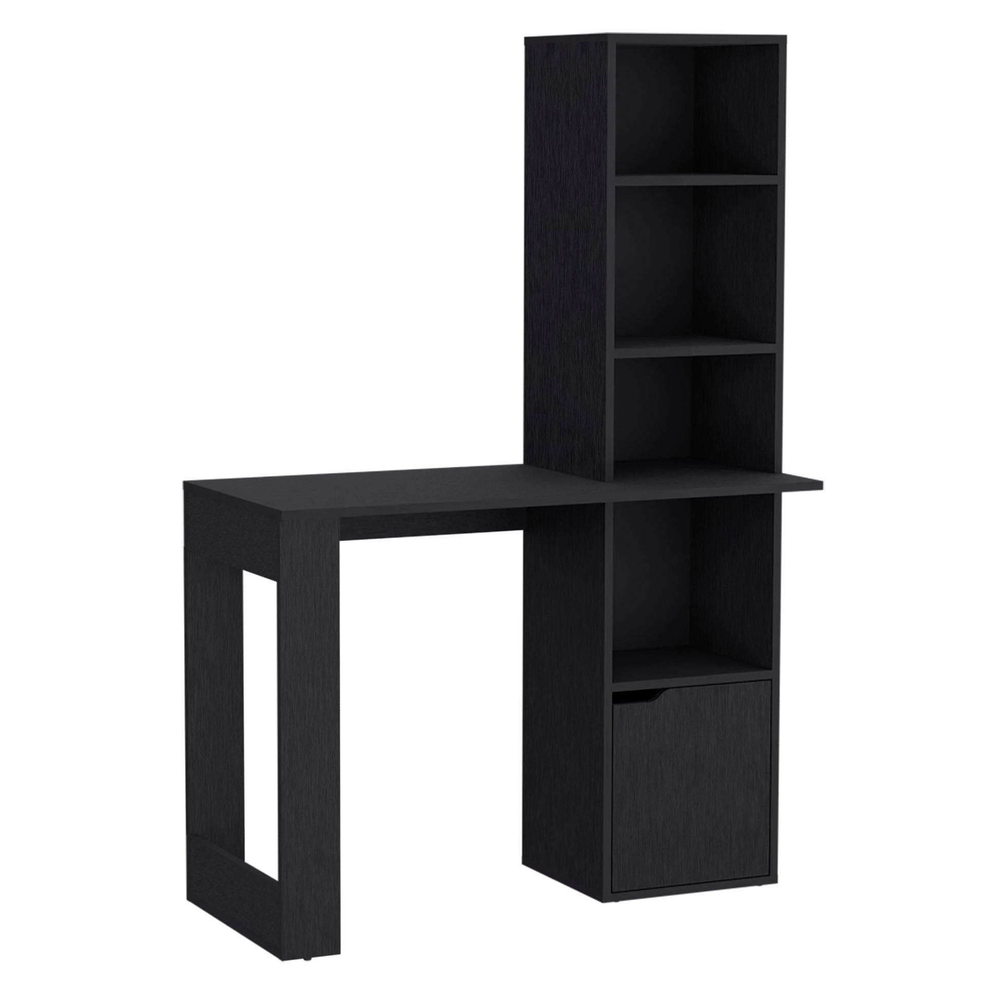 Modern black wood grain desk with integrated open shelving and a single drawer