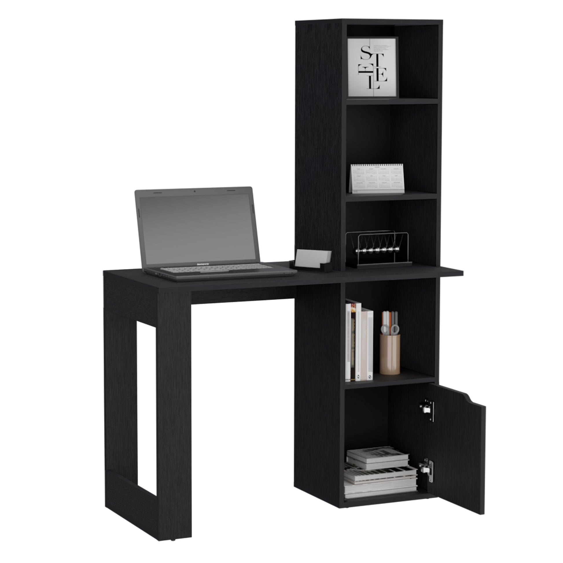 Compact black modern desk with builtin shelving and a laptop