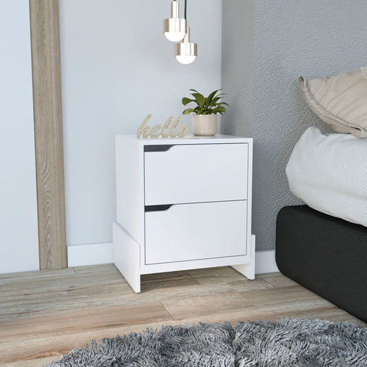 Modern white twodrawer nightstand with sleek minimalist design and brushed metal handles