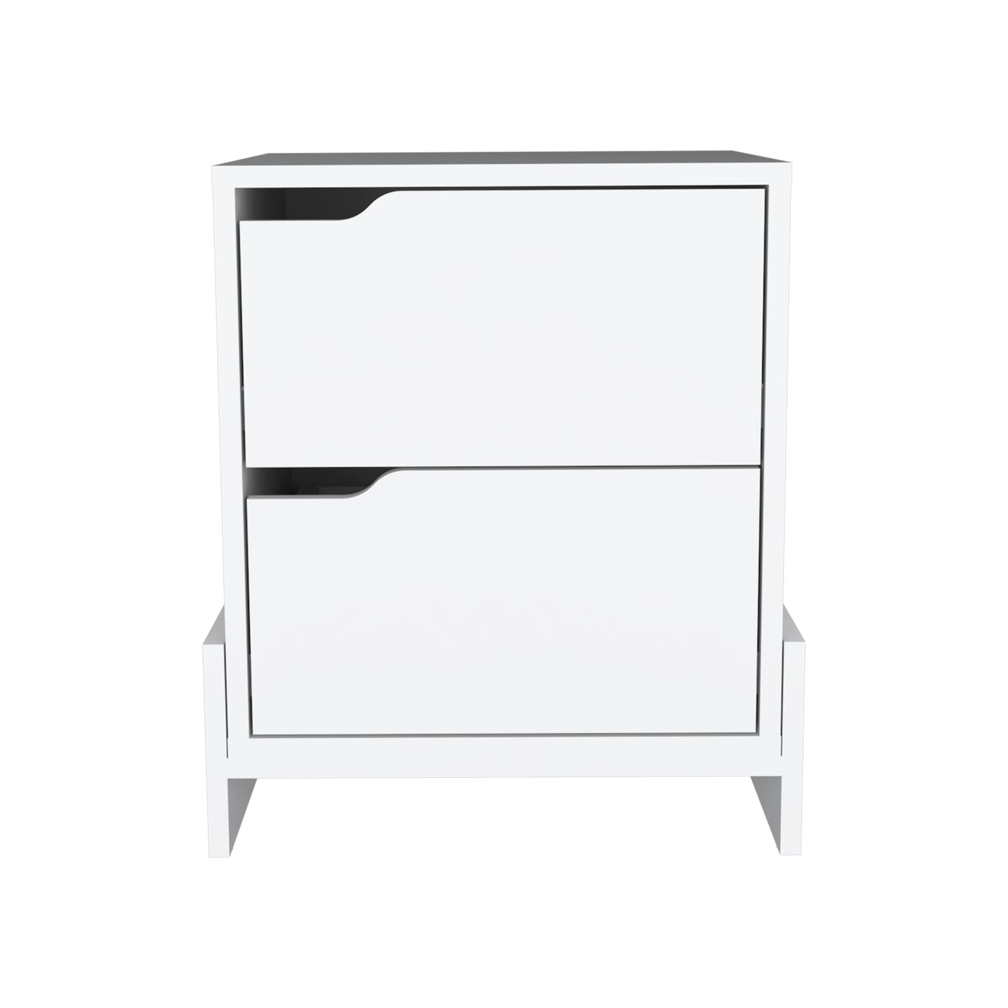 White twodrawer modern shoe cabinet with angled leg supports