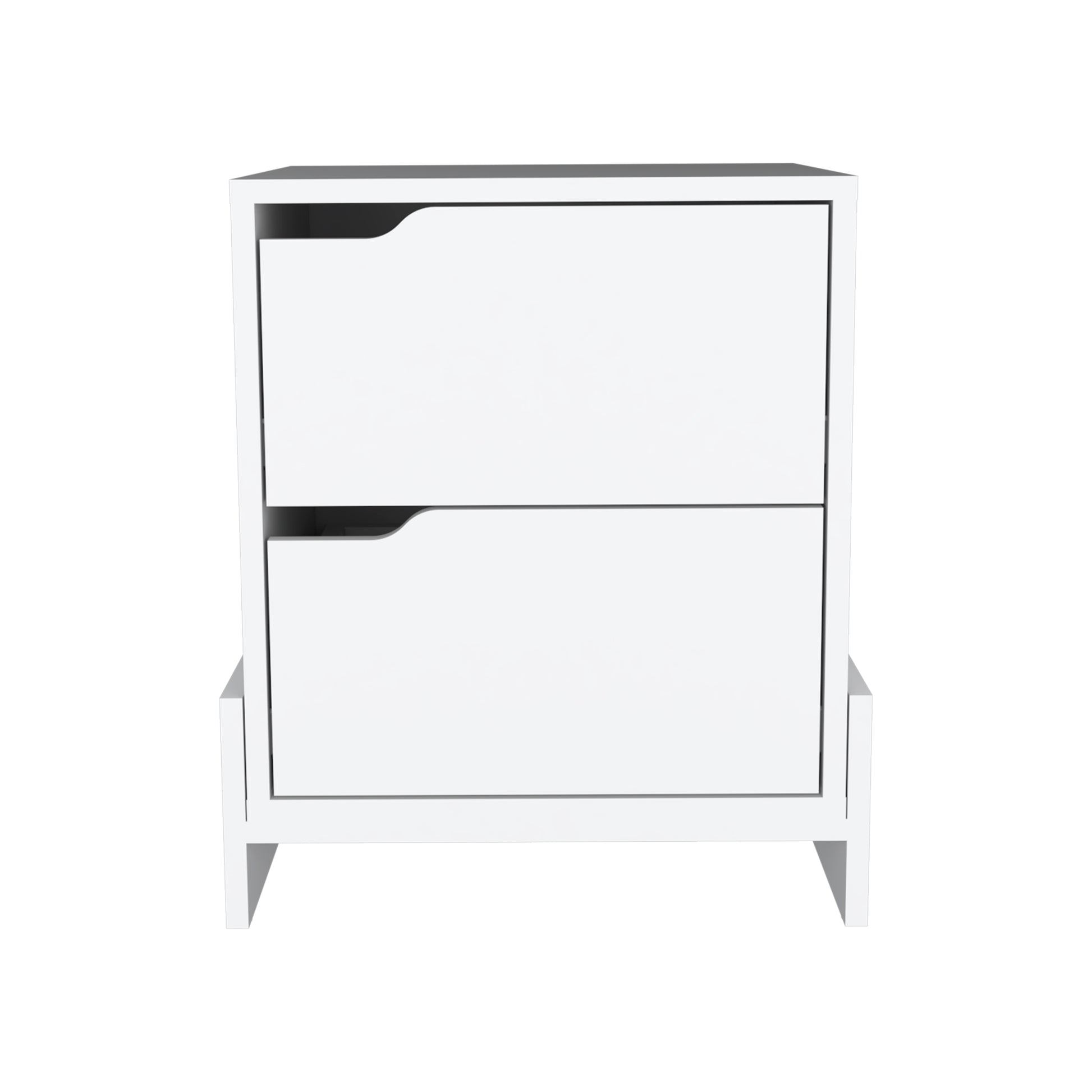 White twodrawer modern shoe cabinet with angled leg supports