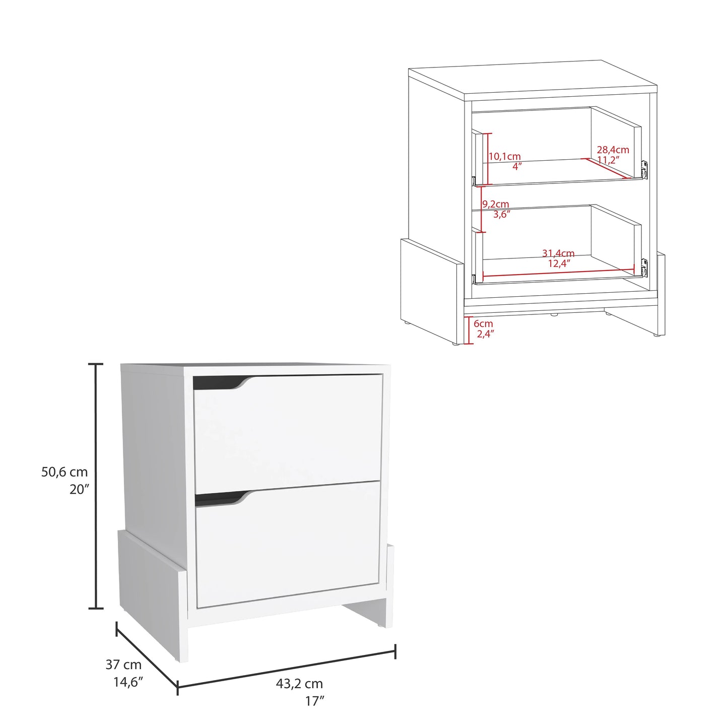 White twodrawer nightstand with integrated silver hardware and clean modern lines