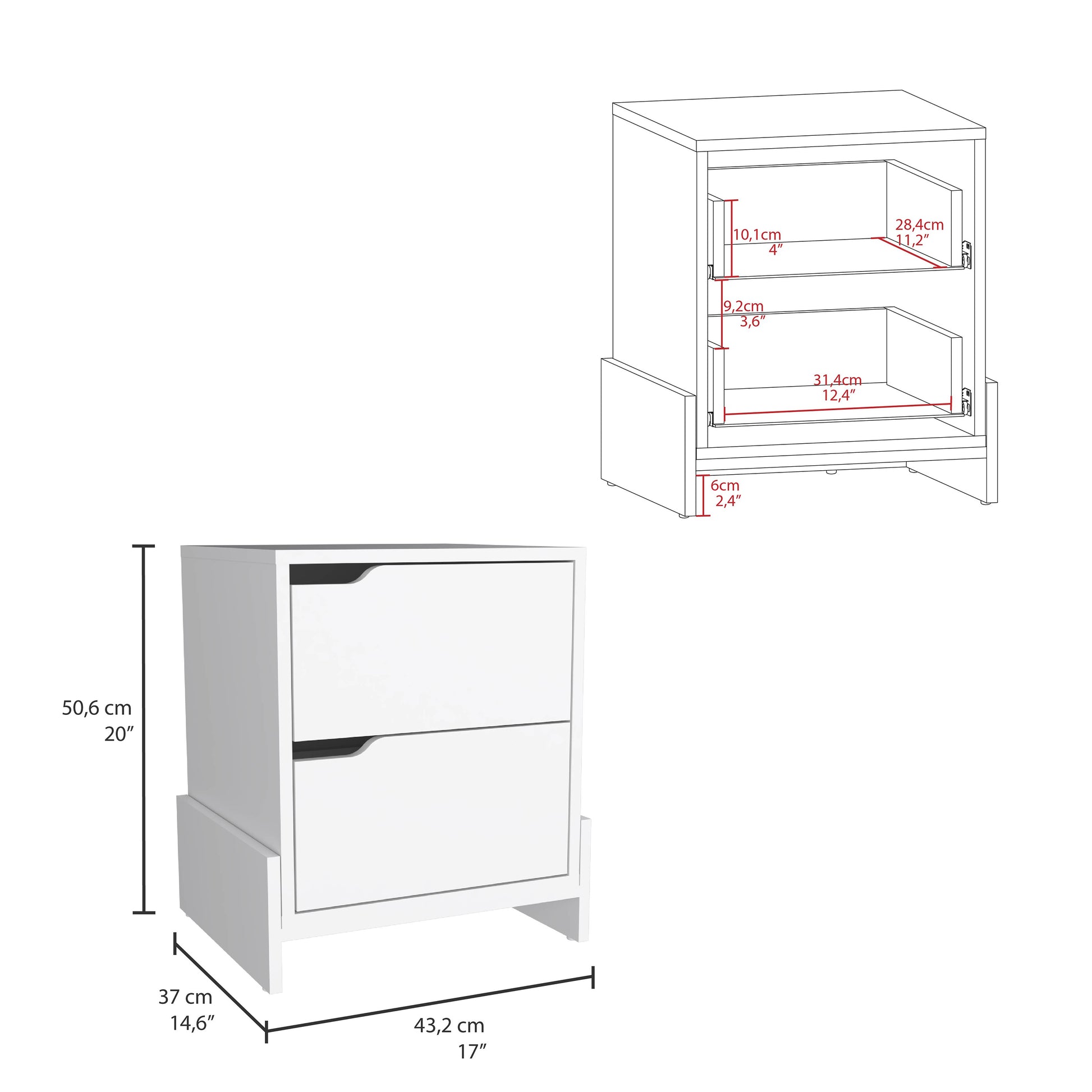 White twodrawer nightstand with integrated silver hardware and clean modern lines
