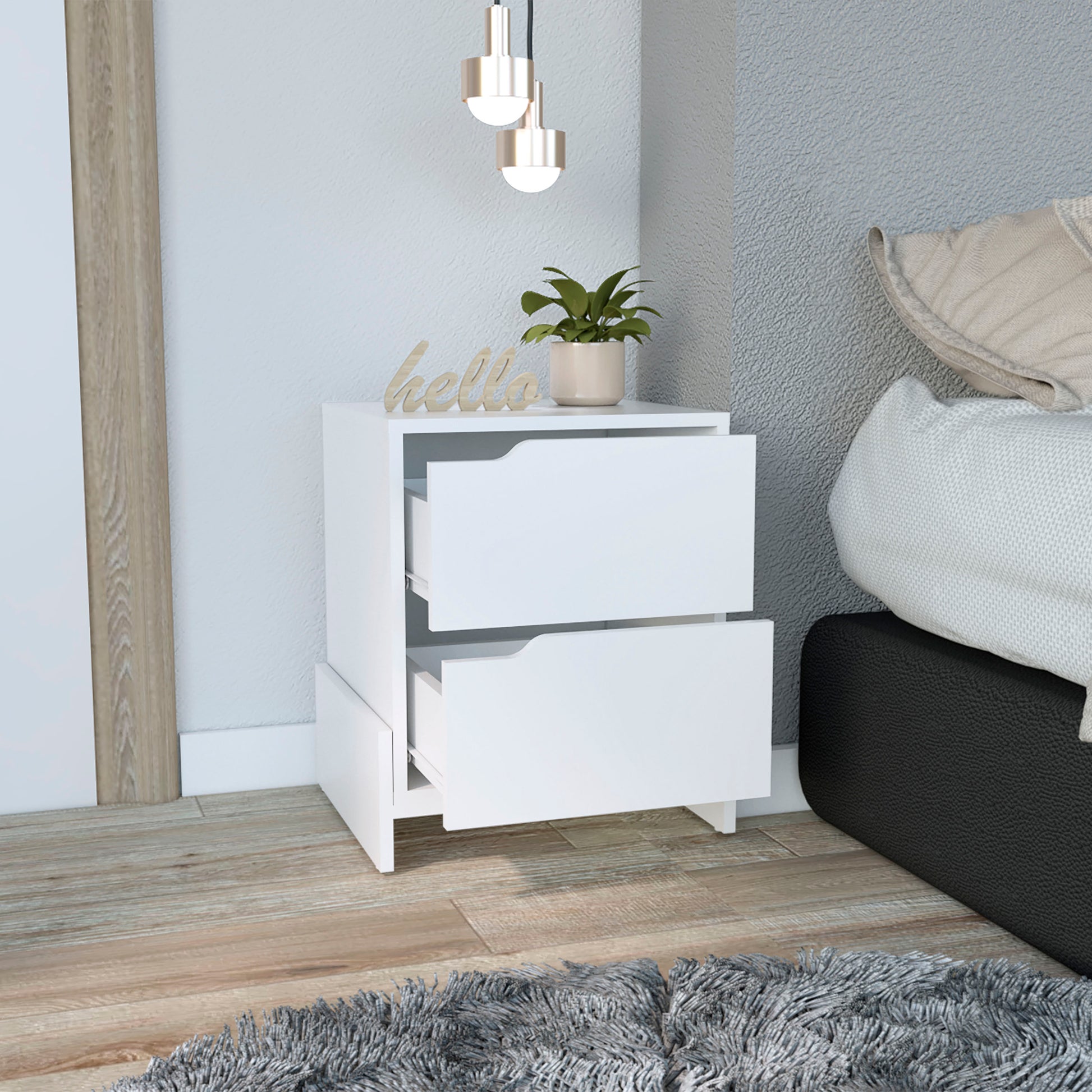 White modern twodrawer nightstand with minimalist design