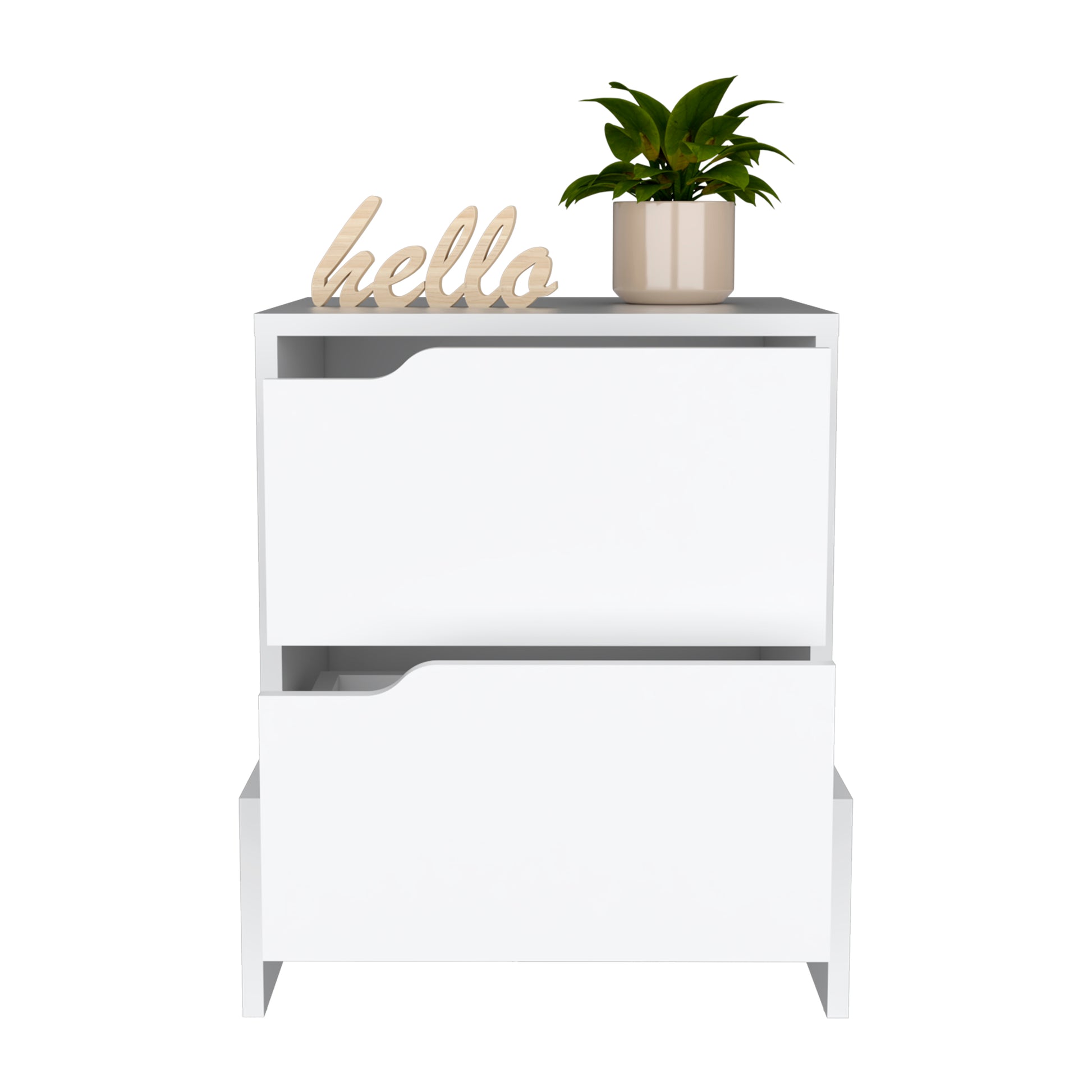 Modern white twodrawer nightstand with subtle curved drawer fronts and a sleek design